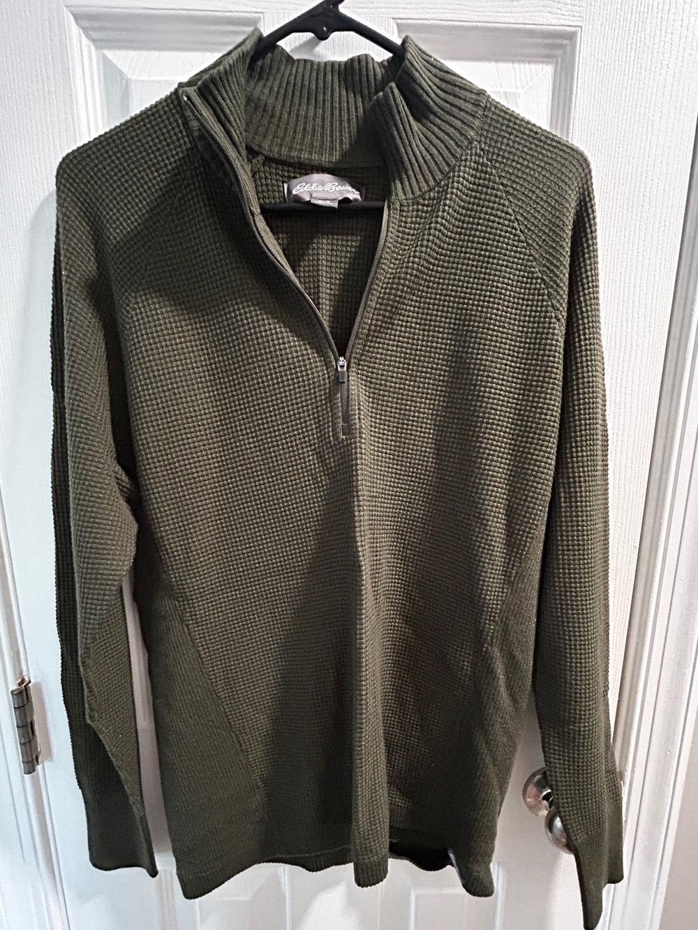 Men’s Eddie Bauer Olive Green Half-Zip Waffle-Knit Mock Neck Sweater